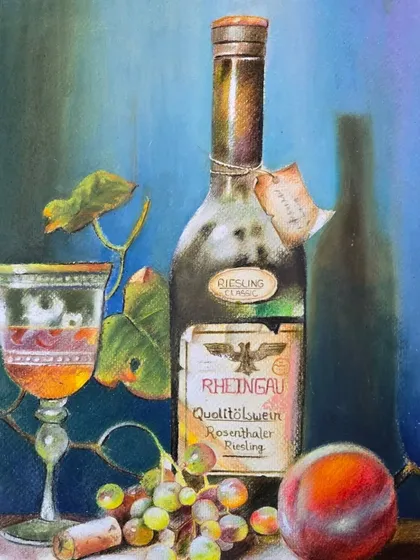 The finished oil pastel still life, a beautifully rendered composition that showcases the student's understanding of light, shadow, and color theory.