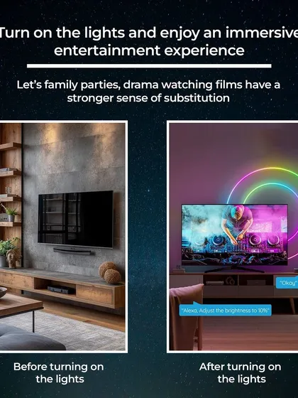 See the difference smart lighting makes. We transform a standard living room into an immersive home theater with dynamic, colorful backlighting that syncs with your entertainment. A simple voice command is all it takes to adjust brightness and set the mood for your movie night.