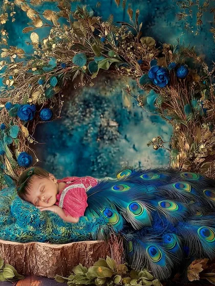 A truly artistic newborn Krishna concept, with the baby sleeping on a bed of peacock feathers.