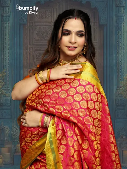 A close-up portrait showcasing the beautiful details of the saree and the radiant glow of the mom-to-be. A perfect blend of culture and beauty.