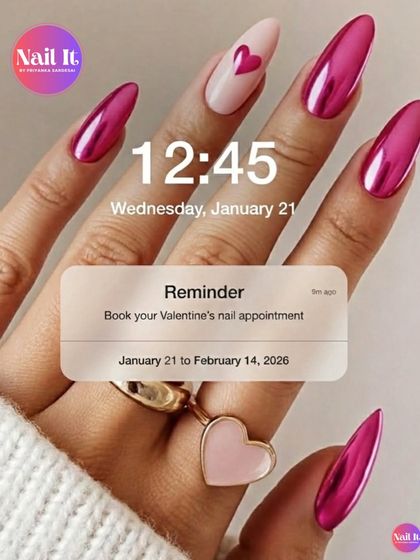 A friendly reminder: Valentine’s nails don’t book themselves. This creative graphic with a phone notification is a fun call to action to book your appointment for the season of love.