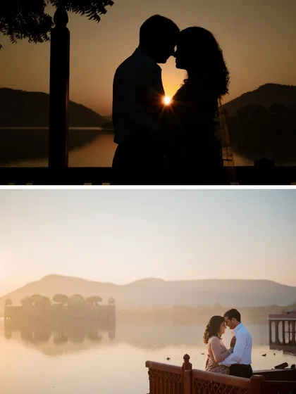 A stunning silhouette of Shiva and Nidhi at sunset over Jal Mahal, one of our signature shots that couples absolutely love.