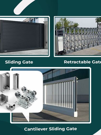 We offer a variety of sliding gate systems to fit any need. This image displays a standard Sliding Gate, a commercial Retractable Gate, and the hardware for our popular Cantilever Sliding Gate.