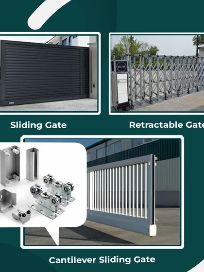 We offer a variety of sliding gate systems to fit any need. This image displays a standard Sliding Gate, a commercial Retractable Gate, and the hardware for our popular Cantilever Sliding Gate.