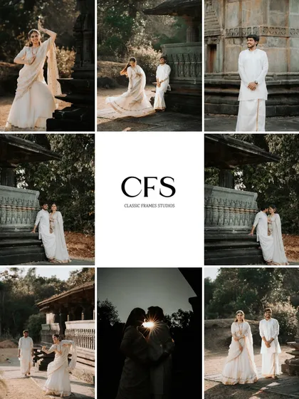 A grid collage that tells the full story of a traditional shoot, from posed portraits to candid walking shots and a magical sunset kiss.