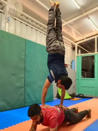 A collection of different partner handstand variations. These exercises range from handstands on a partner's back to one-arm assisted holds, all designed to build strength and teamwork.