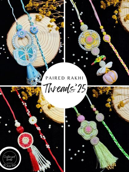 A collection of my vibrant and colorful paired Rakhi sets. These designs feature tassels, beads, and unique motifs like butterflies and parrots, perfect for a joyful celebration.