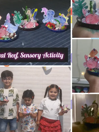 The finished coral reef sensory activity. The kids used various materials to create their own vibrant underwater worlds, learning about marine ecosystems in the process.