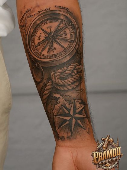 Another stunning travel-themed forearm sleeve, this time with a compass, rope, and map. The realistic texture of the rope and the precise details of the compass showcase my commitment to quality.