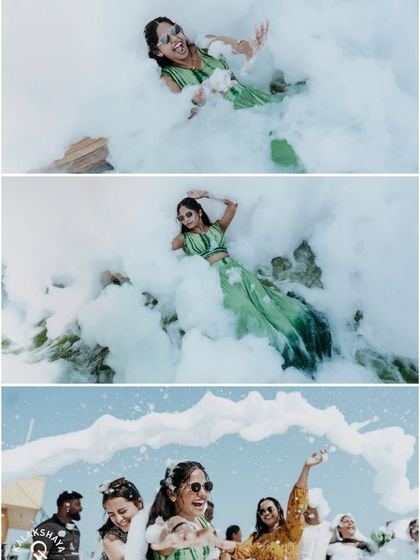 A collage of fun moments from the pre-wedding foam party, showing the bride and her friends.
