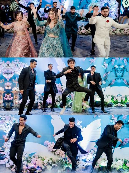 A collage of the groomsmen's high-energy dance performance, capturing their synchronized moves and fun expressions.
