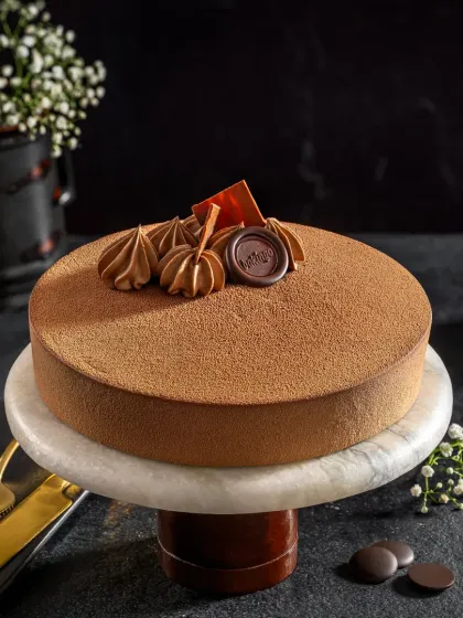 A minimalist chocolate truffle cake with a velvety cocoa powder finish, presented on a marble stand to convey a sense of luxury.