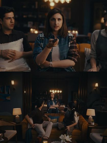 This shot captures the full cast, including Parineeti Chopra, in their styled outfits. The goal was to create distinct yet harmonious looks for a group setting.