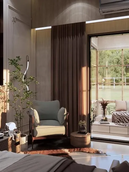 This bedroom in our Krishna Vilas project blends modern and classical elements. The highlight is the folding glass wall that opens up completely to a private balcony, blurring the line between indoors and outdoors. It’s the perfect spot to enjoy a morning cup of tea with an uninterrupted view.