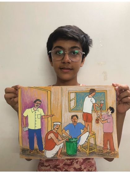 Another student's excellent memory drawing for the intermediate exam, showing a well-composed scene of painters at work.