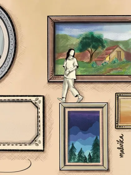 A detail from my "Hazaaron Khwahishen Aisi" artwork, showing a character walking across the top of picture frames. It visualizes the journey through our many dreams and desires.