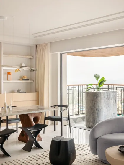 We designed Apartment O2 to be a breathable, resilient environment, mindful of Mumbai's coastal climate. Leaving the walls unpaneled allows for natural airflow, preventing mould and promoting sustainability.