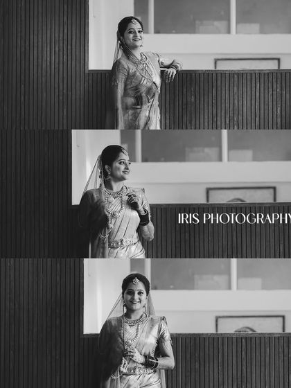 A black and white collage of the bride in her saree, capturing different moods and angles. This shows my versatility in creating classic, timeless bridal portraits.