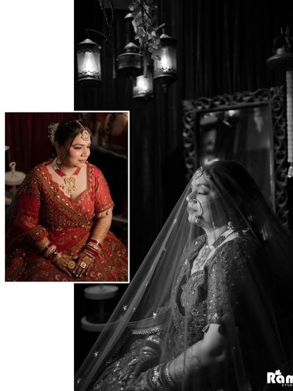 This artistic collage contrasts a colored portrait with a black and white shot of the bride under her veil. It captures the quiet, contemplative moments a bride experiences on her wedding day.