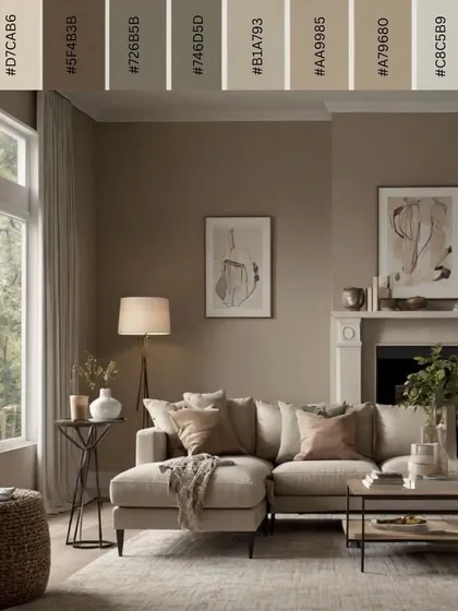 This color palette demonstrates how we use neutral and earthy tones to create a calm and inviting living room. The right combination of colors, textures, and lighting is key to achieving a harmonious space.
