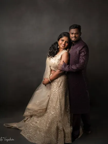 This couple looks absolutely stunning in their elegant Indian attire. The way they hold each other creates a portrait that is both regal and full of love.