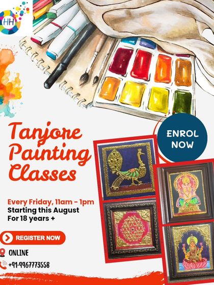 Learn the timeless art of Tanjore Painting from home! This poster announces our online classes for adults, where we guide you step-by-step through this beautiful art form.
