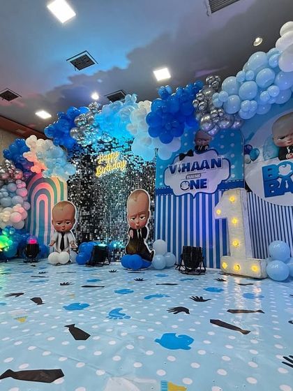 A low-angle shot of the Boss Baby stage, giving a full view of the themed environment I created for the celebration.
