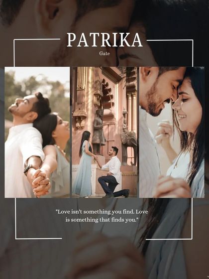 A collage of moments at Jaipur's Patrika Gate, including a classic proposal shot and intimate close-ups, all set against the vibrant, colorful archways.