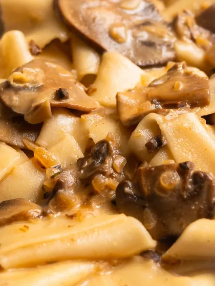 A macro shot of the same pasta dish, getting up close to show the texture of the mushrooms and the creaminess of the sauce.