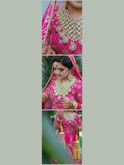 A collage of a bride in a pink lehenga, focusing on the stunning details of her heavy kundan jewelry and her elegant poses.