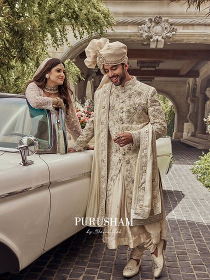 The 'Amore' collection is about weaving a tale of love. Every stitch on this groom's sherwani speaks of royalty, designed for a moment that will become a cherished memory.