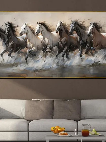 A symbol of growth and good fortune, our seven running horses painting is a Vastu-compliant masterpiece. This crystal glass artwork captures the power and motion of the horses as they run through water, bringing dynamic energy to your space.