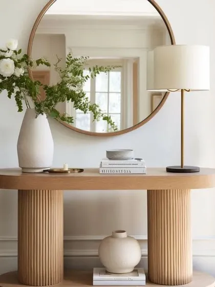 An inspiration image showcasing a fluted console table with a pill-shaped top and cylindrical legs. We can create this modern, sculptural piece to fit perfectly in your foyer or hallway.