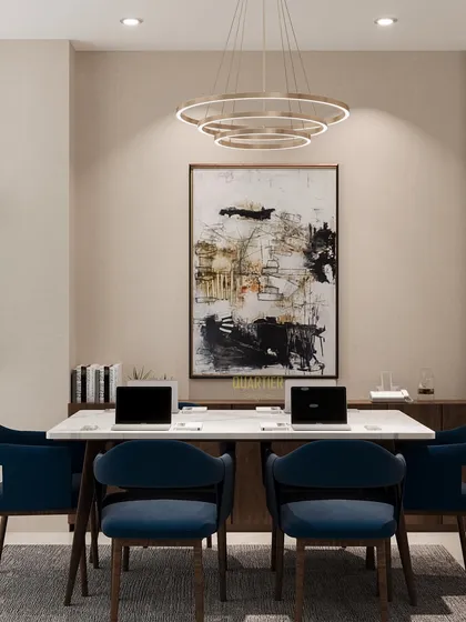 This is where ideas take shape. A 3D render of a collaborative meeting room, designed with fluted glass partitions to provide privacy without sacrificing an open, airy feel. The space is tailored for productive discussions, featuring modern furniture and sophisticated lighting.