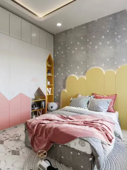 This is a duplicate of ID 66, showcasing a whimsical girl's bedroom with a pink and yellow theme, cloud-shaped headboard, and mountain-themed wardrobe.