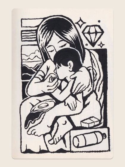 A sketchbook spread in black and white brush pen, depicting a mother and child. This is a recurring theme in my work, exploring connection and care.