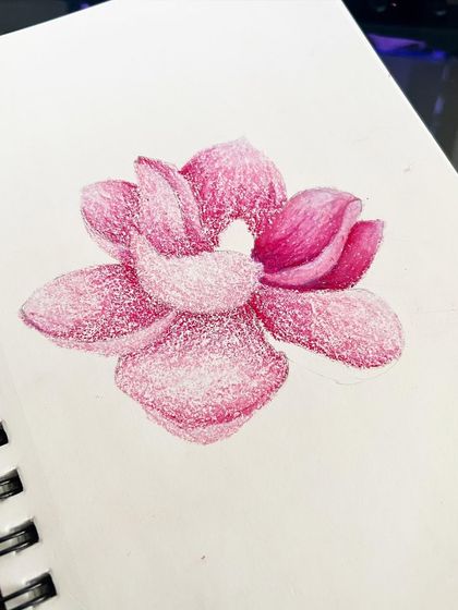 The flower drawing in an earlier stage, showing how we build up colors from light to dark.