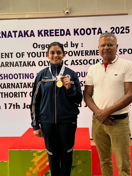One of our talented shooters receiving her medal at the Karnataka Kreeda Koota 2025 after a strong performance in the air rifle event.