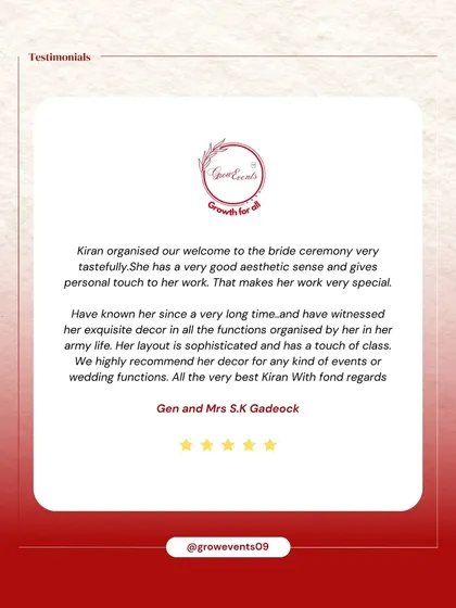 Our work is best described by the people we work for. This testimonial from Gen and Mrs. S.K Gadeock speaks to our aesthetic sense and the personal touch we bring to every event, from welcome ceremonies to grand wedding functions.