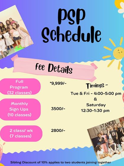 Here is the schedule and fee details for our Pre Schoolers Program (PSP), with options for the full program or monthly sign ups.