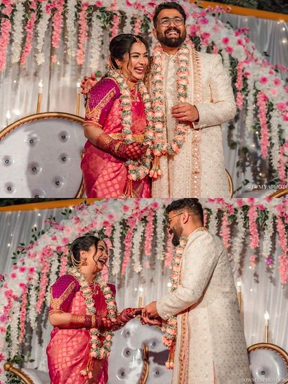 A collage showing the couple's joy during their garland exchange. Their laughter and interaction tell a story of a fun and love filled ceremony.