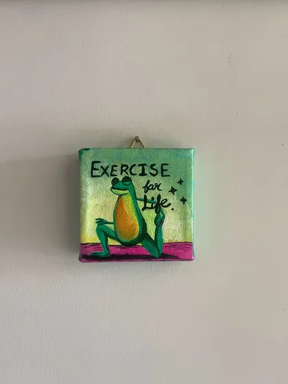 A fun and quirky reminder to "Exercise for Life," featuring a frog in a yoga pose. These mini canvases are meant to bring a little bit of lightheartedness and inspiration.