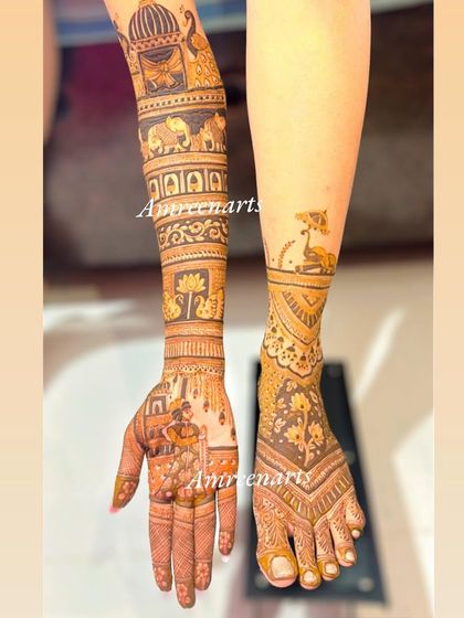 A full bridal set featuring a varmala scene on the hands and a doli (palanquin) scene on the feet, telling a complete wedding story.