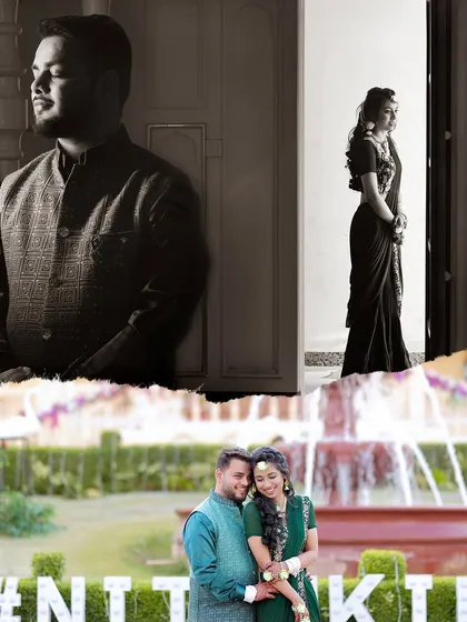 A collage from a Mehendi or pre-wedding event in Jaipur, showing couple portraits and creative shots.
