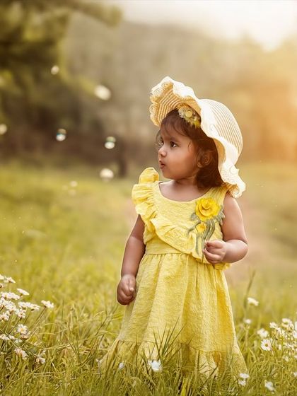 Chasing butterflies and bubbles in a dreamy field. The warm, hazy sunlight of the late afternoon adds a magical quality to this candid outdoor toddler photo.