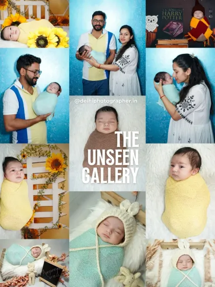 A gallery view of a complete newborn photoshoot. You can see different setups, including a fun Harry Potter theme, family portraits, and classic wrapped baby poses.
