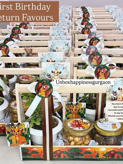 To show the scale of my work, here is a large order of first birthday return gifts with a 'Lion King' theme. Each wooden crate is filled with a plant and jars of treats, all customized to make the celebration extra special.