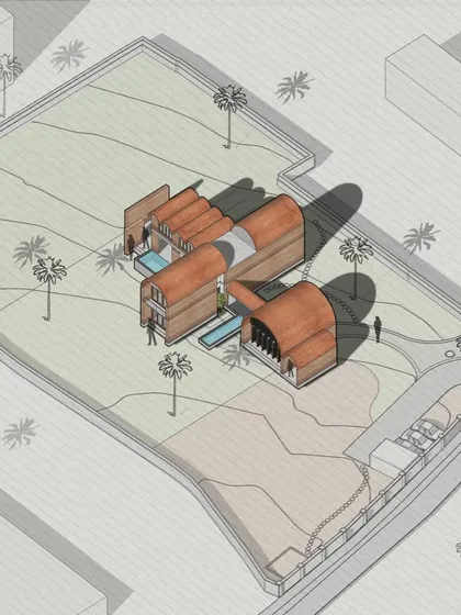 An isometric view of the vaulted farmhouse concept, showing its dynamic form.