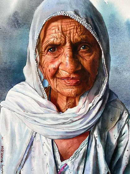An advanced portrait demonstrating how to paint a face with a white headscarf, focusing on the subtle shadows and folds that give it form.