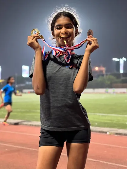Adhrika Bhandari with a huge smile and a mouthful of medals after winning four golds and one silver at the Bombay Scottish annual athletics meet. An absolutely dominant performance.